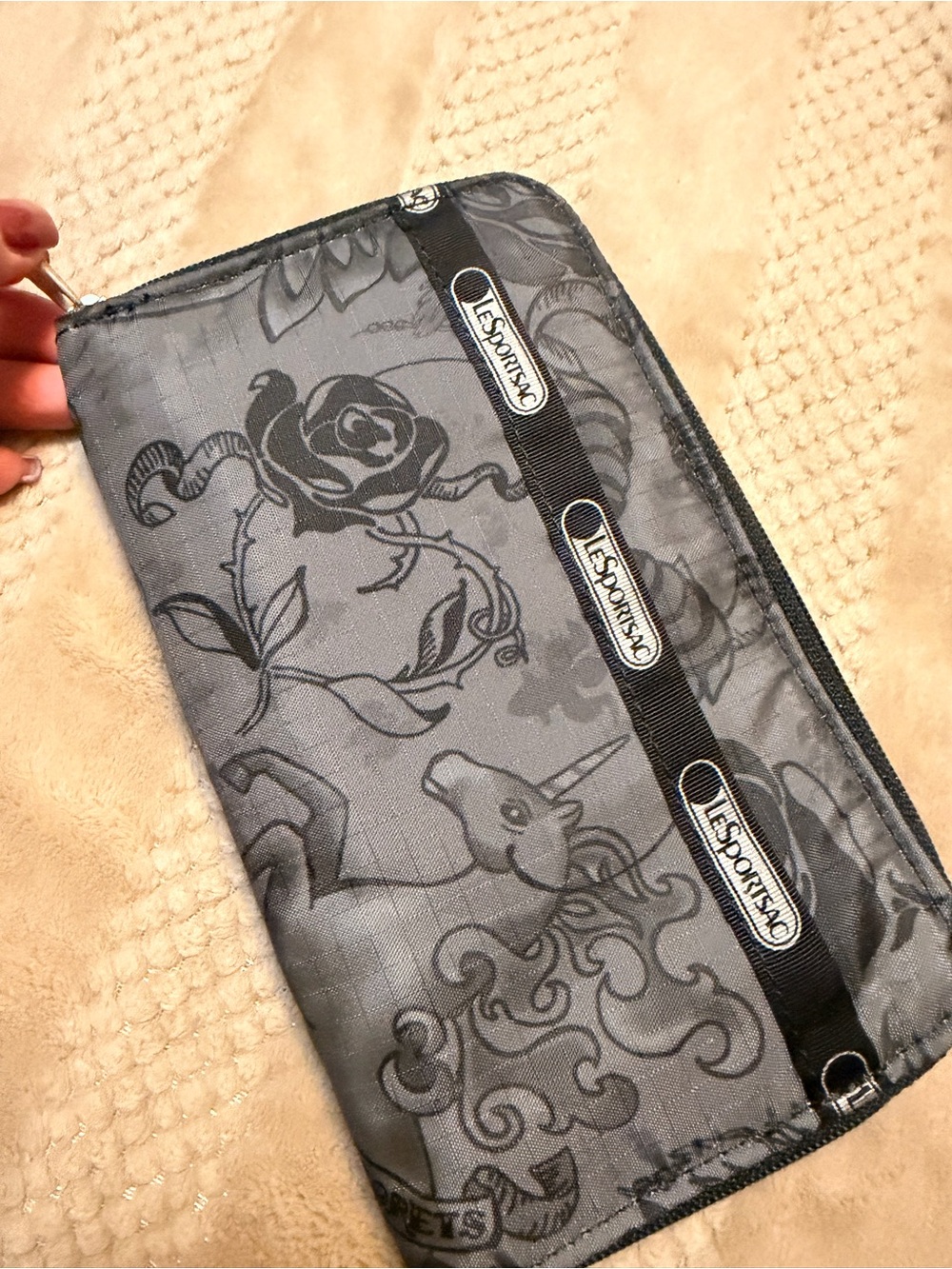 LeSportsac Gray Floral & Unicorn Zip Wallet with Black Trim